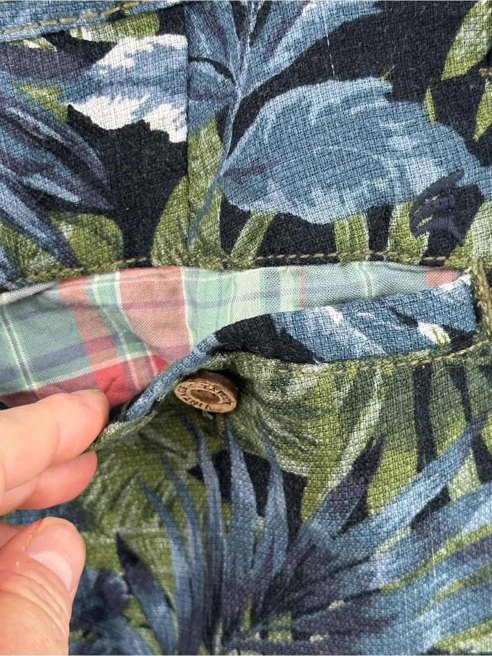 Men's 36 Tropical Leaf Print Linen Cotton Flat Front Shorts - Blue Green Beach